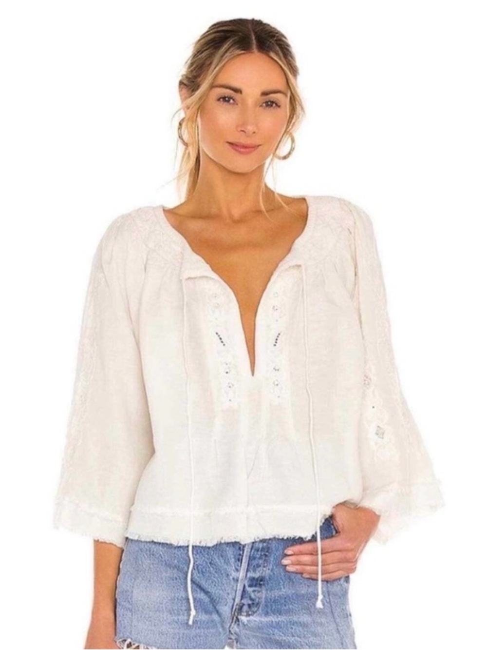 Free People Ivory,  Embroidered, Boho Blouse